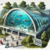 Ilustracja przedstawiająca Wrocławskie ZOO i Afrykarium – nowoczesny budynek o zakrzywionej architekturze, otoczony zielenią. Wewnątrz widoczny tunel podwodny z rekinami i płaszczkami, a na zewnątrz rodziny zwiedzające teren zoo.