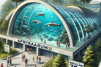 Ilustracja przedstawiająca Wrocławskie ZOO i Afrykarium – nowoczesny budynek o zakrzywionej architekturze, otoczony zielenią. Wewnątrz widoczny tunel podwodny z rekinami i płaszczkami, a na zewnątrz rodziny zwiedzające teren zoo.