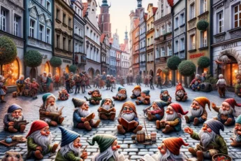 Kolorowe wrocławskie krasnale bawiące się na historycznej ulicy Wrocławia, symbolizujące antykomunistyczny ruch Pomarańczowa Alternatywa