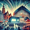 Artystyczna ilustracja Festiwalu Filmowego Nowe Horyzonty we Wrocławiu: kino Nowe Horyzonty, plenerowe pokazy filmowe na rynku i tętniąca życiem atmosfera miasta.