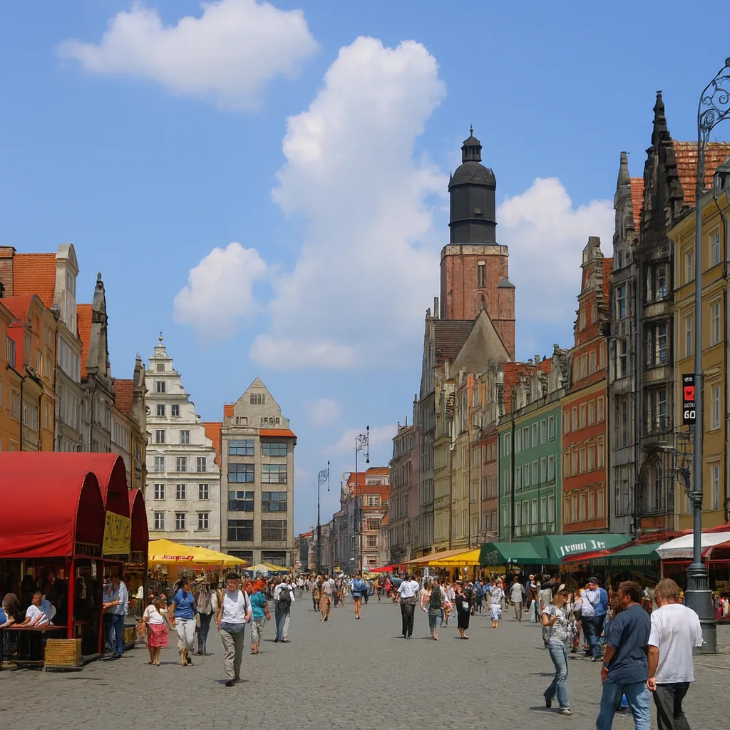 Rynek we Wrocławiu – kolorowe kamienice i spacerujący turyści na rynku głównym