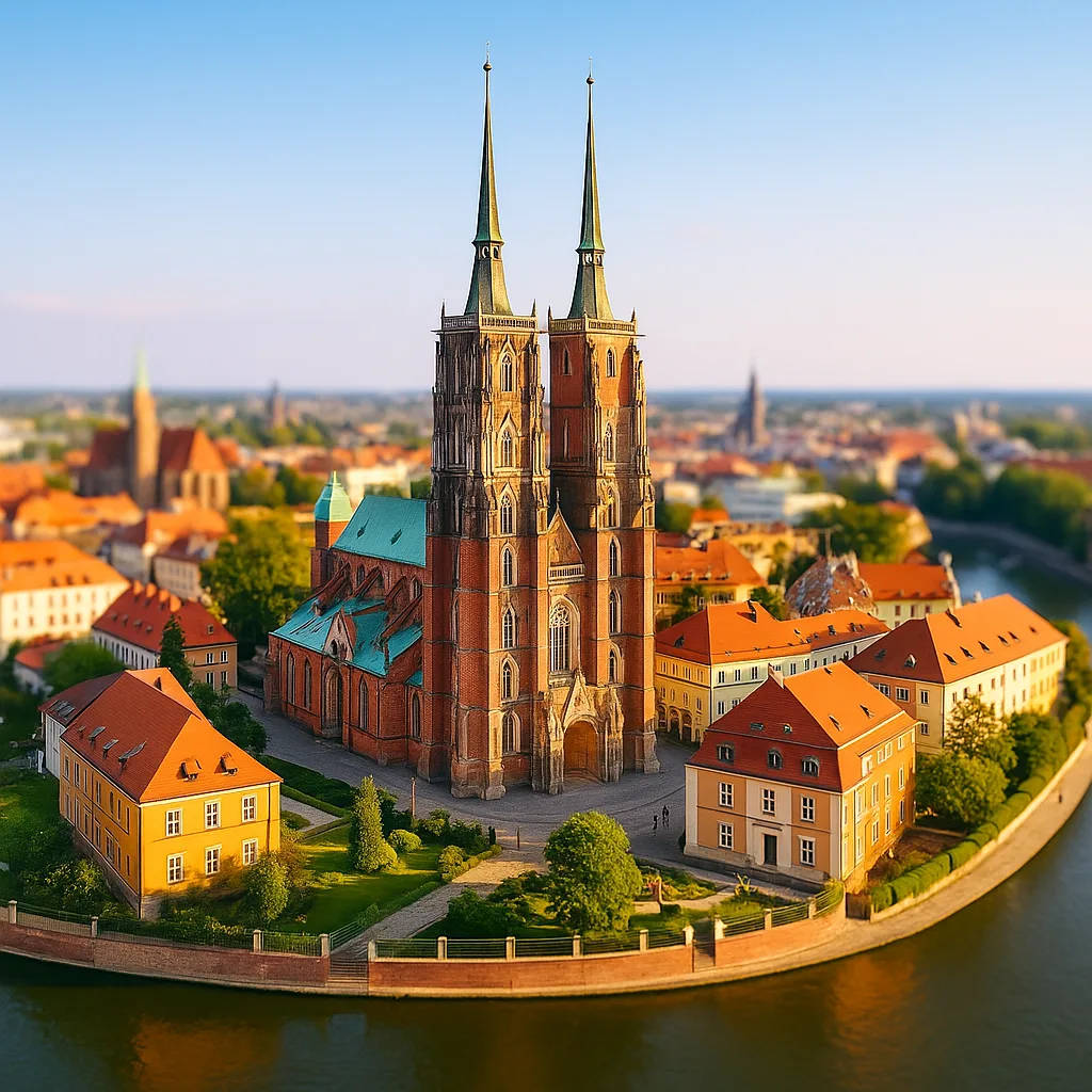 Archikatedra św. Jana Chrzciciela we Wrocławiu na Ostrowie Tumskim – widok z lotu ptaka, wieże gotyckie i okolica nad Odrą