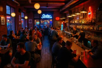 wnętrze popularnego baru we Wrocławiu z pełną salą gości, neonami, drinkami i barmanami za ladą – klimat nocnego życia miasta