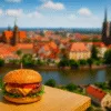 burger z wołowiną i serem na tle Wrocławia z widokiem na Ostrów Tumski – jedzenie z dostawą