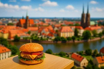 burger z wołowiną i serem na tle Wrocławia z widokiem na Ostrów Tumski – jedzenie z dostawą