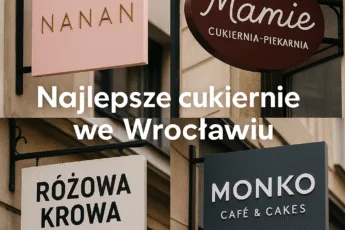 Szyldy czterech topowych cukierni we Wrocławiu: Nanan, Mamie, Różowa Krowa i Monko – widok z zewnątrz, w naturalnym świetle, z różnorodną typografią i kolorystyką