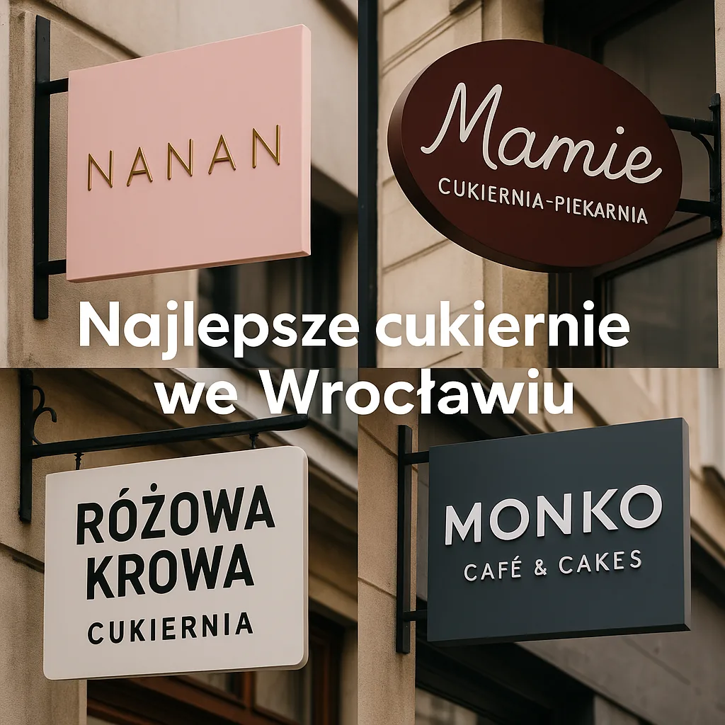 Szyldy czterech topowych cukierni we Wrocławiu: Nanan, Mamie, Różowa Krowa i Monko – widok z zewnątrz, w naturalnym świetle, z różnorodną typografią i kolorystyką