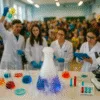 Pokaz eksperymentów chemicznych podczas festiwalu nauki – kolorowe probówki, dymiąca kolba i młodzi naukowcy w białych fartuchach