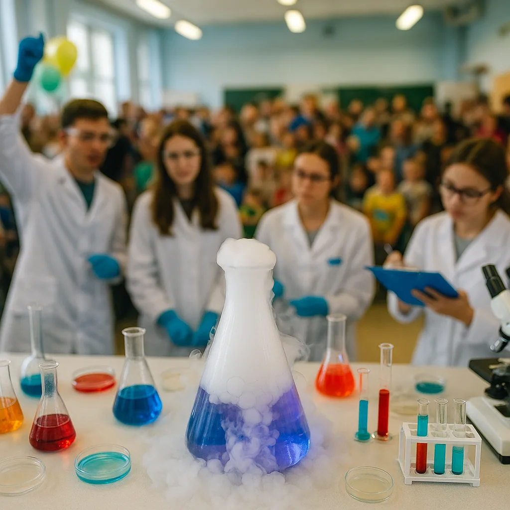 Pokaz eksperymentów chemicznych podczas festiwalu nauki – kolorowe probówki, dymiąca kolba i młodzi naukowcy w białych fartuchach