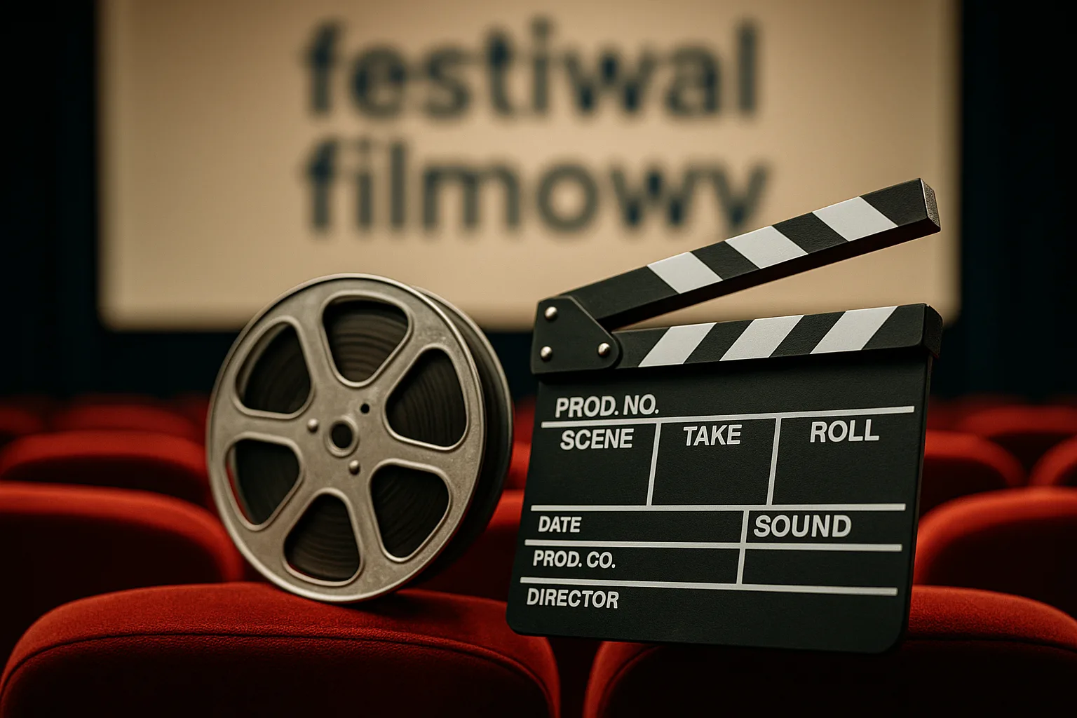 Zbliżenie na klasyczną taśmę filmową i klaps reżyserski na tle czerwonych foteli kinowych – scena festiwalu filmowego we Wrocławiu