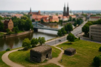 bunkry Festung Breslau nad Odrą we Wrocławiu – widok z lotu ptaka z panoramą miasta w tle