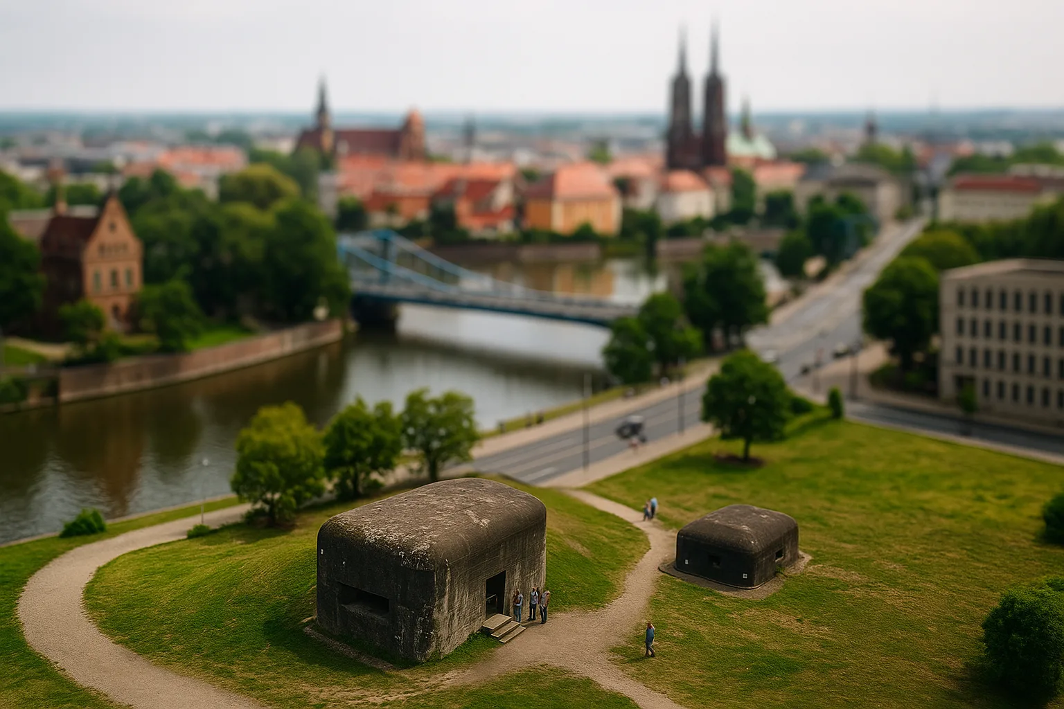 bunkry Festung Breslau nad Odrą we Wrocławiu – widok z lotu ptaka z panoramą miasta w tle