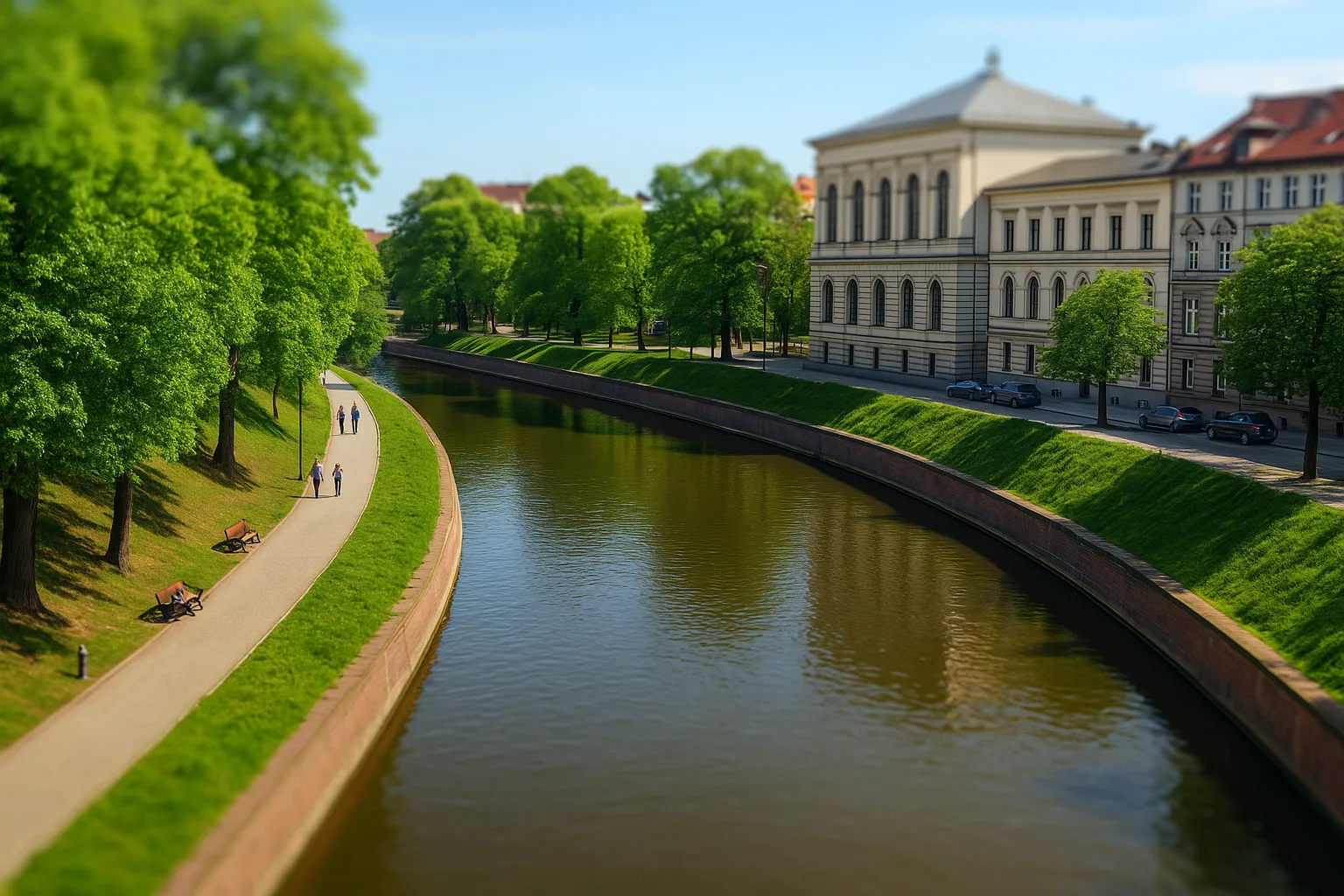spacerowicze nad Fosą Miejską we Wrocławiu w otoczeniu zieleni i zabytkowych budynków