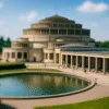 Hala Stulecia i pergola z fontanną we Wrocławiu w stylu tilt-shift, widziane z bliska w słoneczny dzień