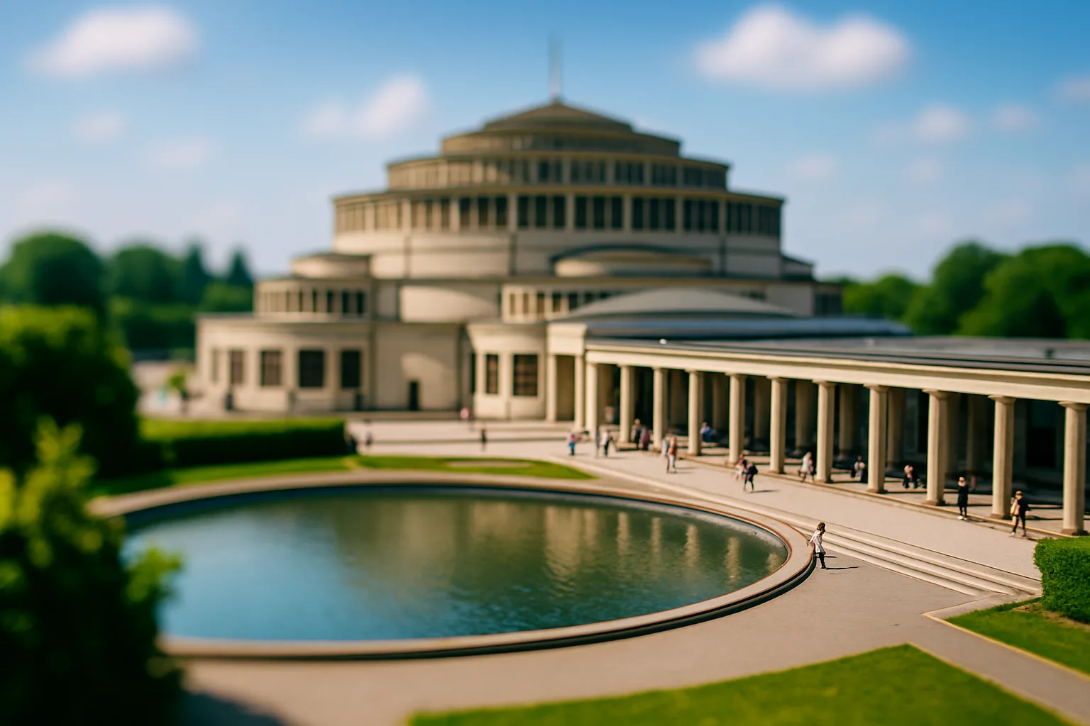 Hala Stulecia i pergola z fontanną we Wrocławiu w stylu tilt-shift, widziane z bliska w słoneczny dzień