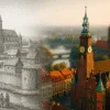 Porównanie Wrocławia: lewa strona to średniowieczny Ostrów Tumski w stylu czarno-białej ryciny, prawa strona to współczesny Wrocław z wieżą ratusza i katedrą