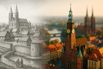 Porównanie Wrocławia: lewa strona to średniowieczny Ostrów Tumski w stylu czarno-białej ryciny, prawa strona to współczesny Wrocław z wieżą ratusza i katedrą