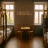 Wnętrze hostelu we Wrocławiu – jasny pokój wieloosobowy z drewnianymi łóżkami piętrowymi, stołem i przewodnikiem turystycznym