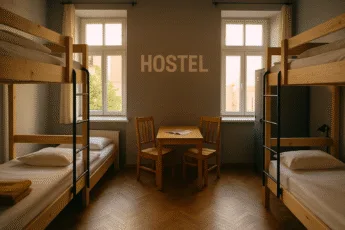 Wnętrze hostelu we Wrocławiu – jasny pokój wieloosobowy z drewnianymi łóżkami piętrowymi, stołem i przewodnikiem turystycznym