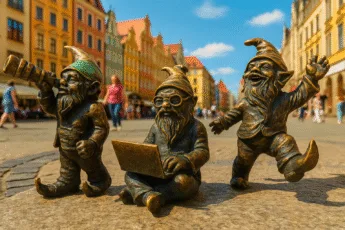 Trzy krasnale we Wrocławiu na tle kolorowych kamienic i nieba, w zabawnych pozach, w centrum miasta.