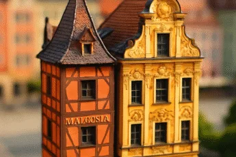 Zbliżenie na dwie kamienice we Wrocławiu w stylu tilt-shift: Małgosia z muru pruskiego i złocona kamienica barokowa na Rynku