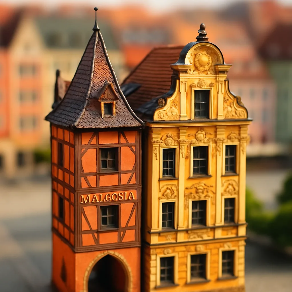 Zbliżenie na dwie kamienice we Wrocławiu w stylu tilt-shift: Małgosia z muru pruskiego i złocona kamienica barokowa na Rynku