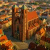 Katedra św. Marii Magdaleny we Wrocławiu z lotu ptaka – gotycka bryła z czerwonej cegły w otoczeniu kolorowych kamienic Starego Miasta