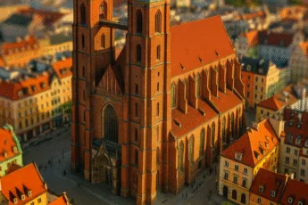 Katedra św. Marii Magdaleny we Wrocławiu z lotu ptaka – gotycka bryła z czerwonej cegły w otoczeniu kolorowych kamienic Starego Miasta