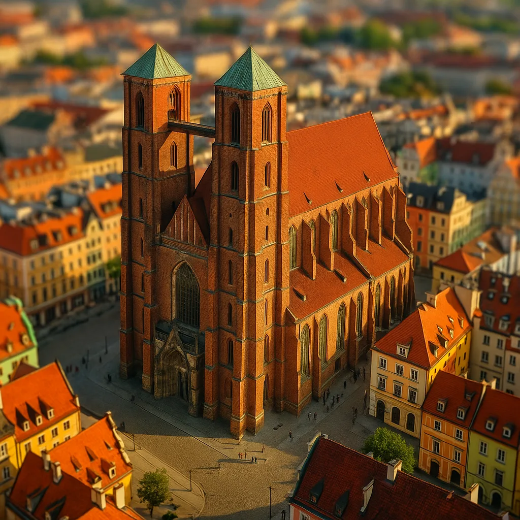 Katedra św. Marii Magdaleny we Wrocławiu z lotu ptaka – gotycka bryła z czerwonej cegły w otoczeniu kolorowych kamienic Starego Miasta