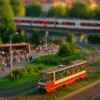 Zdjęcie transportu publicznego we Wrocławiu – tramwaj, autobus i pociąg aglomeracyjny w ruchu miejskim, widok z góry, późne popołudnie, wyraźny kontrast środków komunikacji.