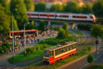 Zdjęcie transportu publicznego we Wrocławiu – tramwaj, autobus i pociąg aglomeracyjny w ruchu miejskim, widok z góry, późne popołudnie, wyraźny kontrast środków komunikacji.