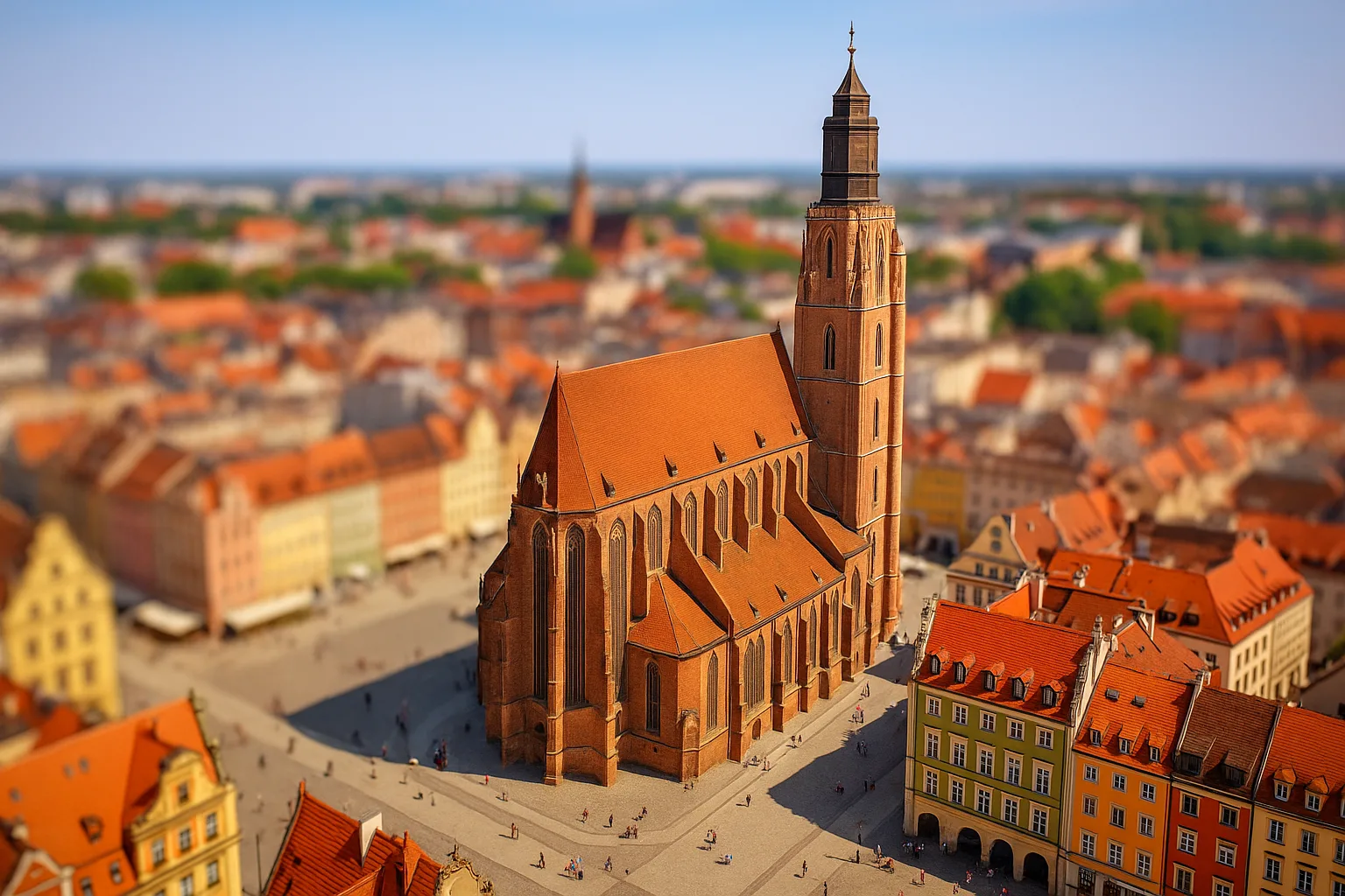 Kościół św. Elżbiety we Wrocławiu – widok z lotu ptaka z czerwonym dachem i panoramą Rynku w tle
