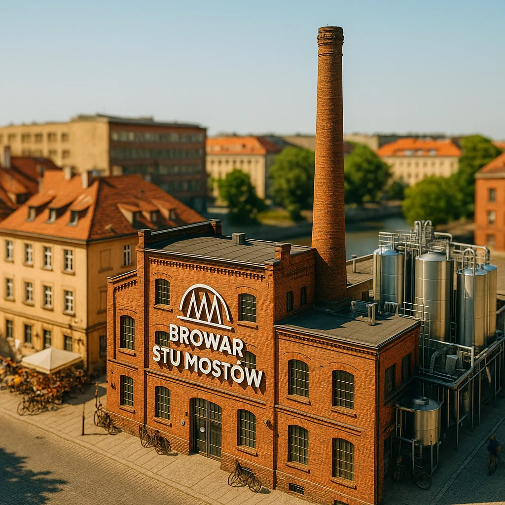 Browar Stu Mostów we Wrocławiu – budynek browaru rzemieślniczego z czerwonej cegły, kominem i tankami, widok z góry, lato