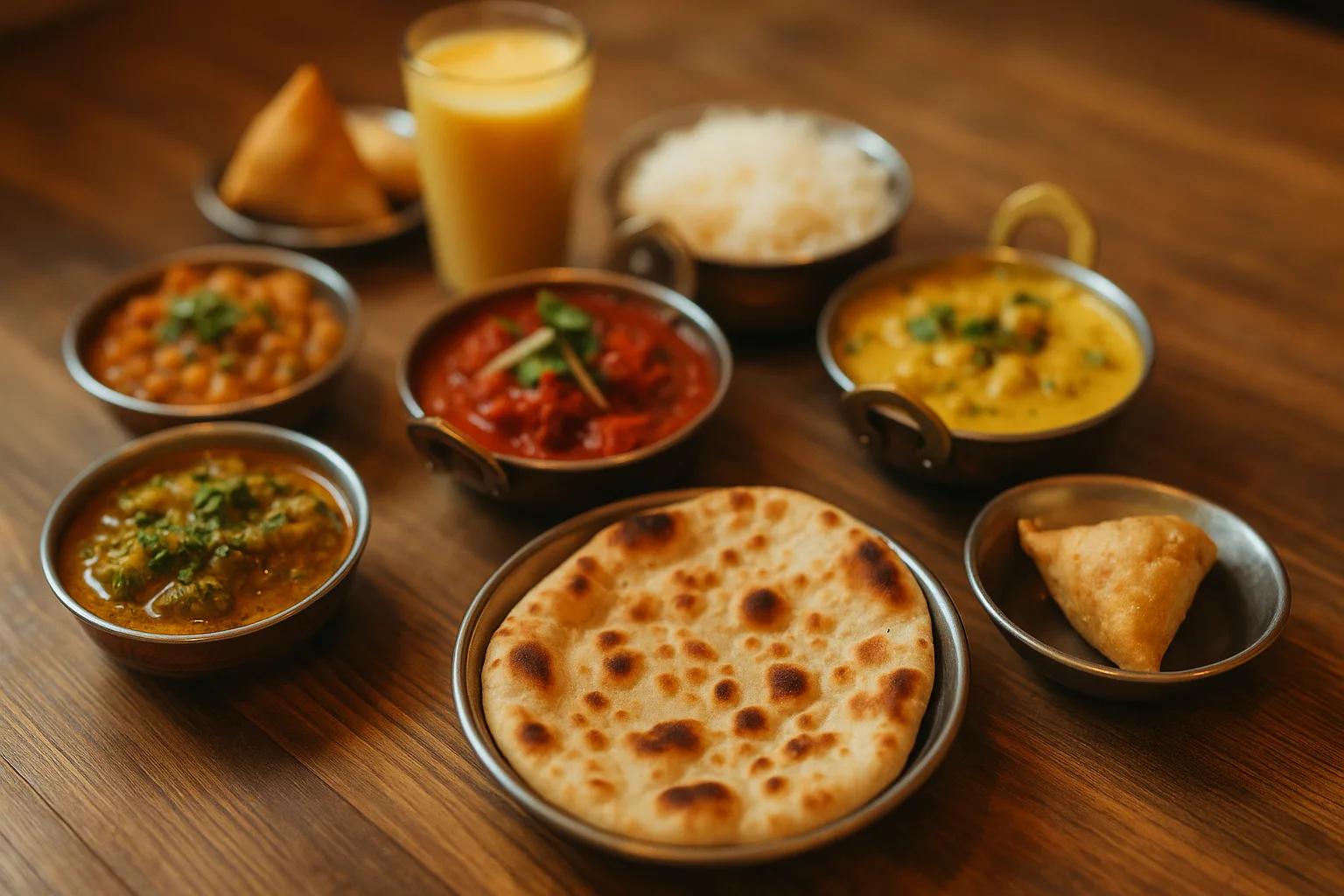 Zestaw kolorowych indyjskich dań na drewnianym stole – naan, curry, ryż i mango lassi w stylu tilt-shift, sfotografowane w poziomie.
