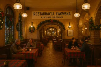 wnętrze restauracji z kuchnią kresową we Wrocławiu, świąteczny wystrój, pary przy stolikach, tradycyjne wnętrze z ciepłym oświetleniem