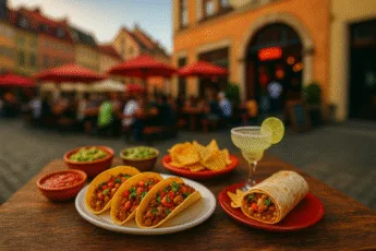 tacos i burrito we Wrocławiu z guacamole i margaritą przed meksykańską restauracją na rynku