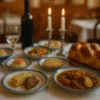Tradycyjny stół kuchni żydowskiej z czulentem, chałką, gefilte fish i świecami szabasowymi – wnętrze restauracji we Wrocławiu