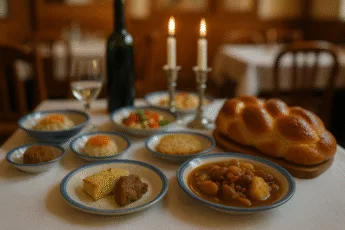 Traditioneller jüdischer Küchentisch mit tschullen, Chałka, Gefilte -Fisch und Sabbaskerzen - das Innere des Restaurants in Wrocław