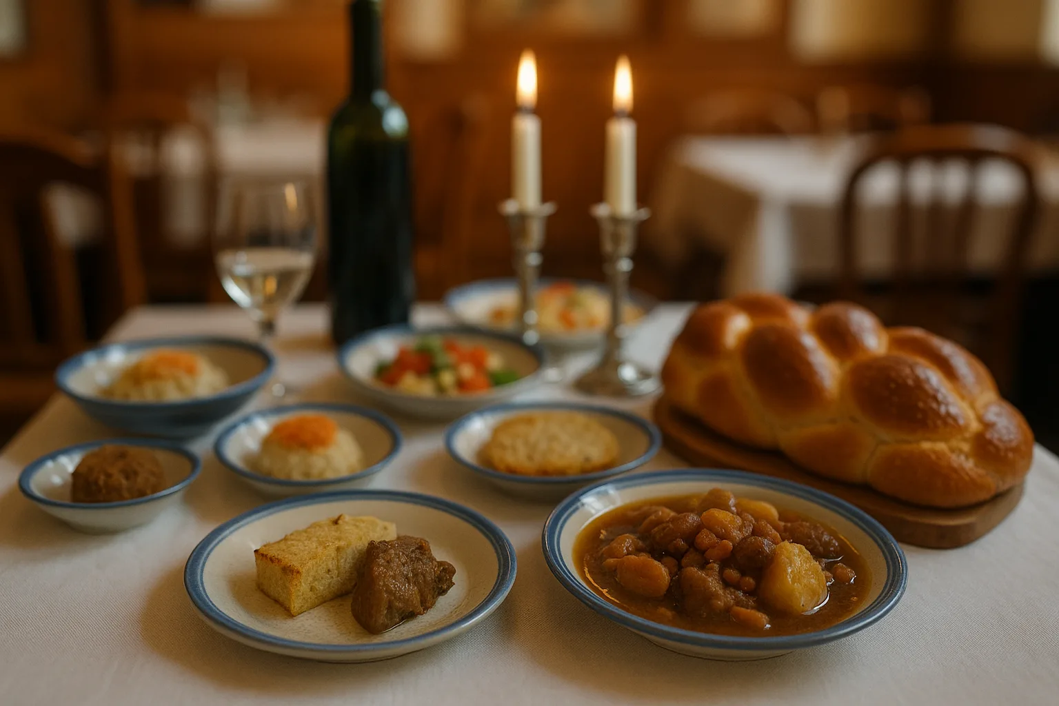 Tradycyjny stół kuchni żydowskiej z czulentem, chałką, gefilte fish i świecami szabasowymi – wnętrze restauracji we Wrocławiu