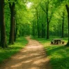 Leśna ścieżka we Wrocławiu z ławką piknikową
