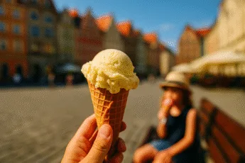 Gałka lodów waniliowych w wafelku na tle wrocławskiego Rynku z rozmytym drugim planem i dzieckiem jedzącym loda