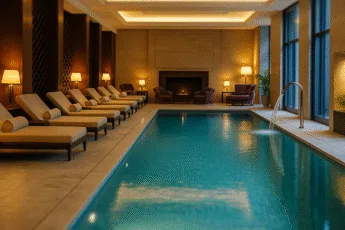 Ekskluzywny basen hotelowy – wnętrze luksusowego spa z leżakami, kominkiem i eleganckim oświetleniem