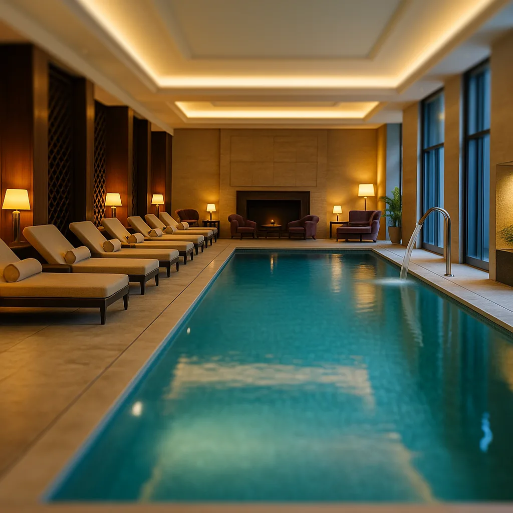 Ekskluzywny basen hotelowy – wnętrze luksusowego spa z leżakami, kominkiem i eleganckim oświetleniem