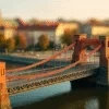 Most Grunwaldzki we Wrocławiu w stylu tilt-shift, widok z bliska, jesienny krajobraz nad Odrą
