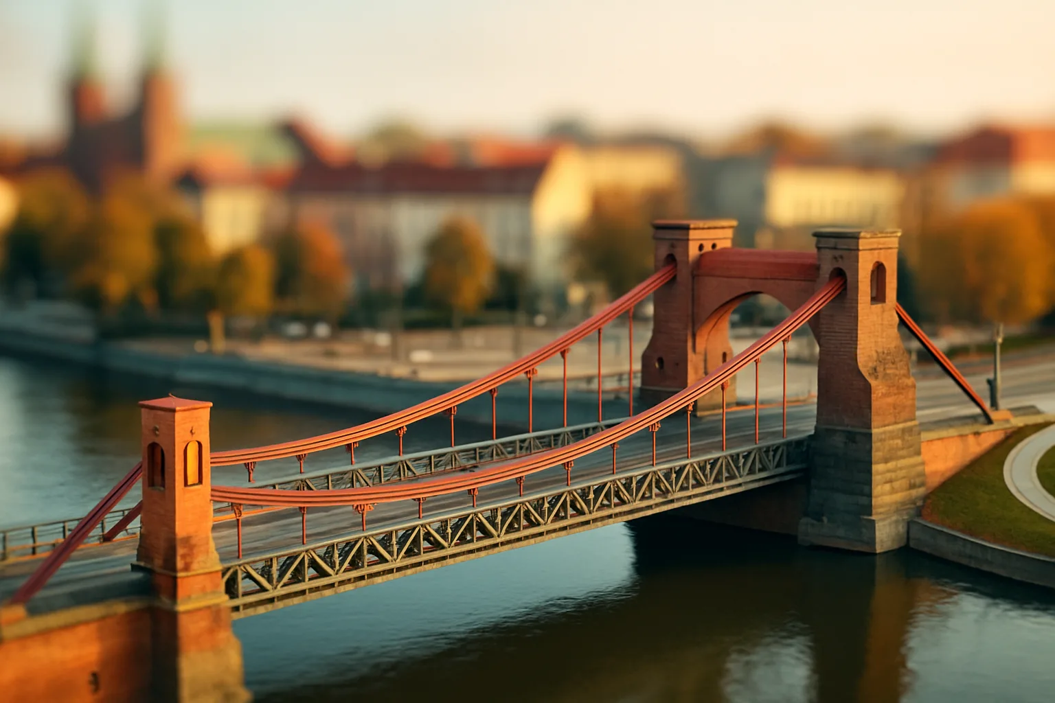 Most Grunwaldzki we Wrocławiu w stylu tilt-shift, widok z bliska, jesienny krajobraz nad Odrą