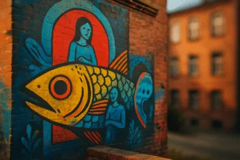 Colorful mural on a brick wall in Wroclaw - fish and graphic style characters