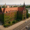 panorama Muzeum Narodowego we Wrocławiu – czerwony dach, zielone pnącza i ruchliwa ulica w centrum miasta