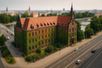 panorama Muzeum Narodowego we Wrocławiu – czerwony dach, zielone pnącza i ruchliwa ulica w centrum miasta