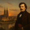 Wyobrażony Pan Tadeusz na tle Wrocławia – realistyczny portret o zachodzie słońca z widokiem na Ostrów Tumski i gotycką katedrę
