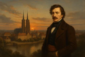 Wyobrażony Pan Tadeusz na tle Wrocławia – realistyczny portret o zachodzie słońca z widokiem na Ostrów Tumski i gotycką katedrę